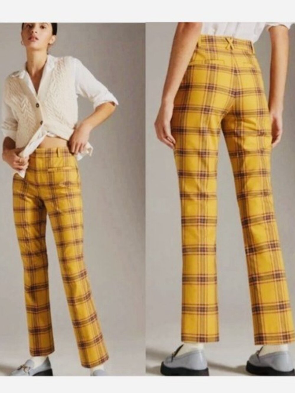 Anthropologie Ankle Pants Essential Mustard Plaid Grunge Academia Stretch Size 4